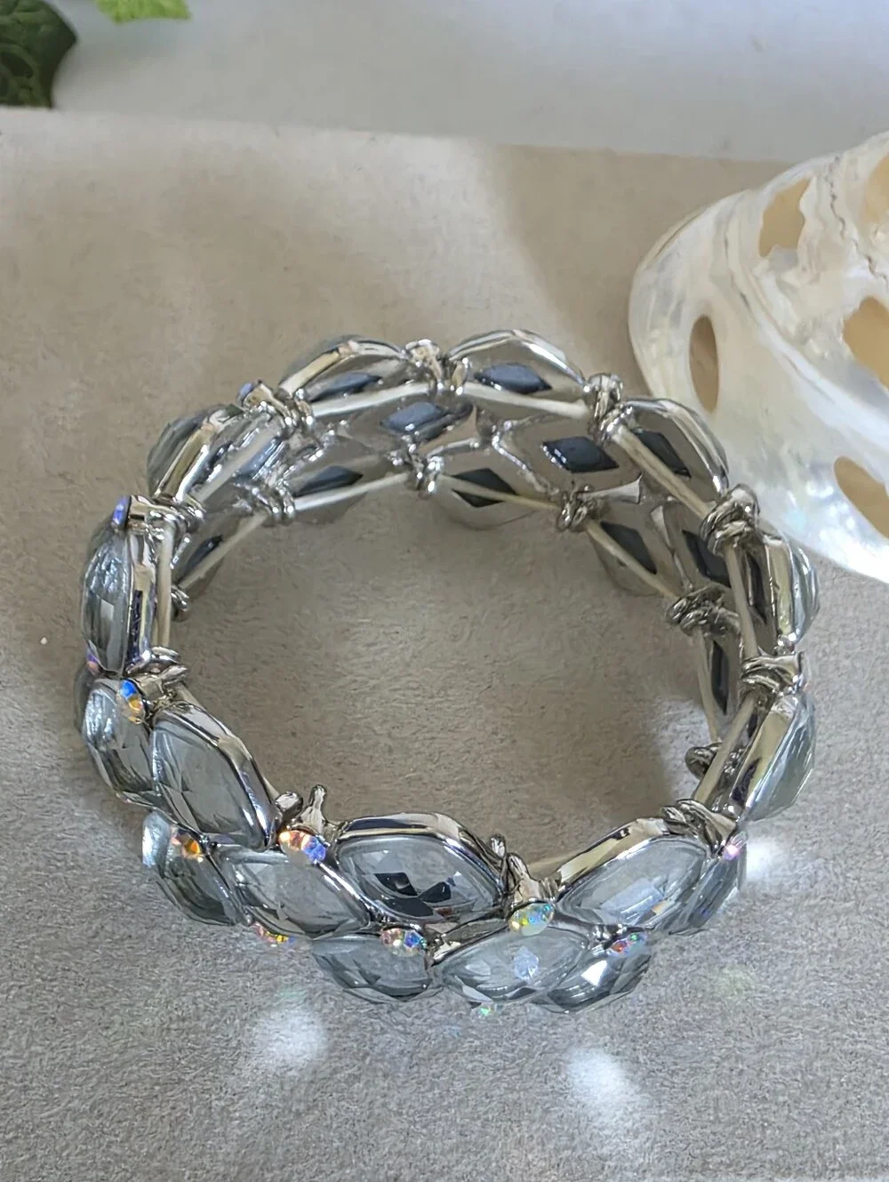 Statement Diamond-Shape Crystal Stretch Bracelet Silver Tone Glitzy Glam